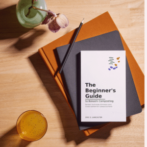 The Beginner's Guide to Bokashi Composting book is on the table.